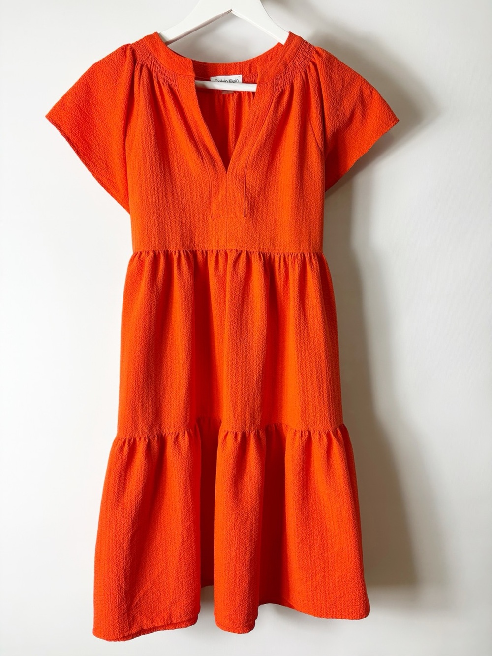 Calvin Klein Orange Textured Gauze Split Neck Tiered Swing Midi Dress Women Sz 4